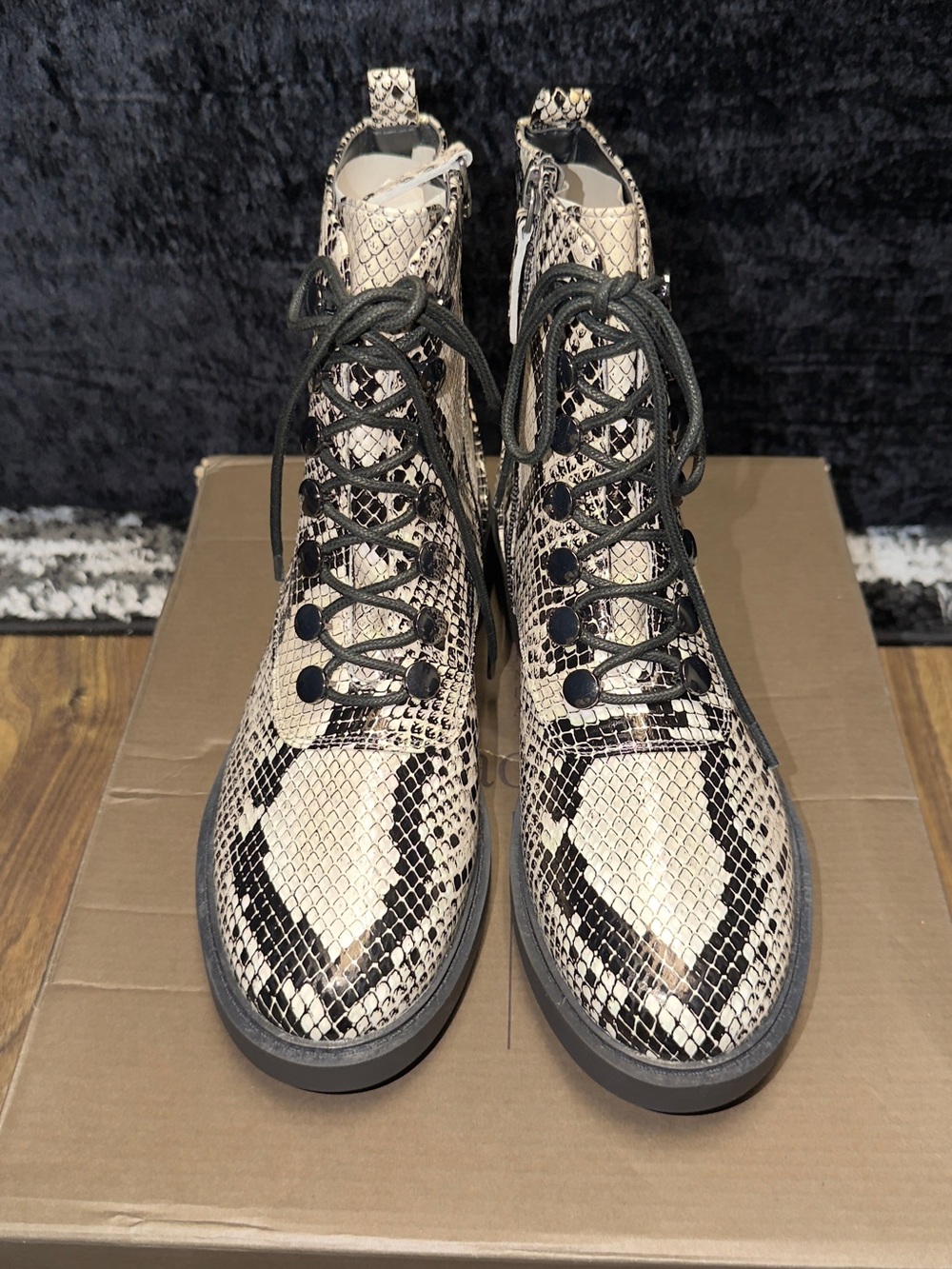 Paolo Snake-Effect Lace-Up Combat Boots in Neutral and Black